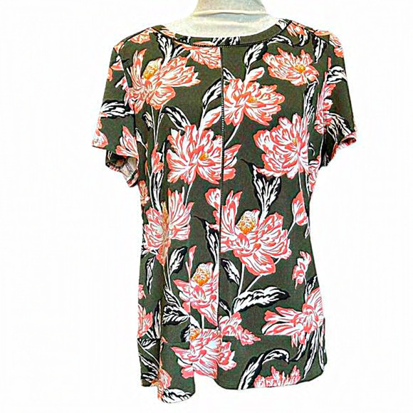 ROZ & ALI AVOCADO GREEN  AND PEACH FLORAL‎ TOP SIZE Large - Picture 1 of 6